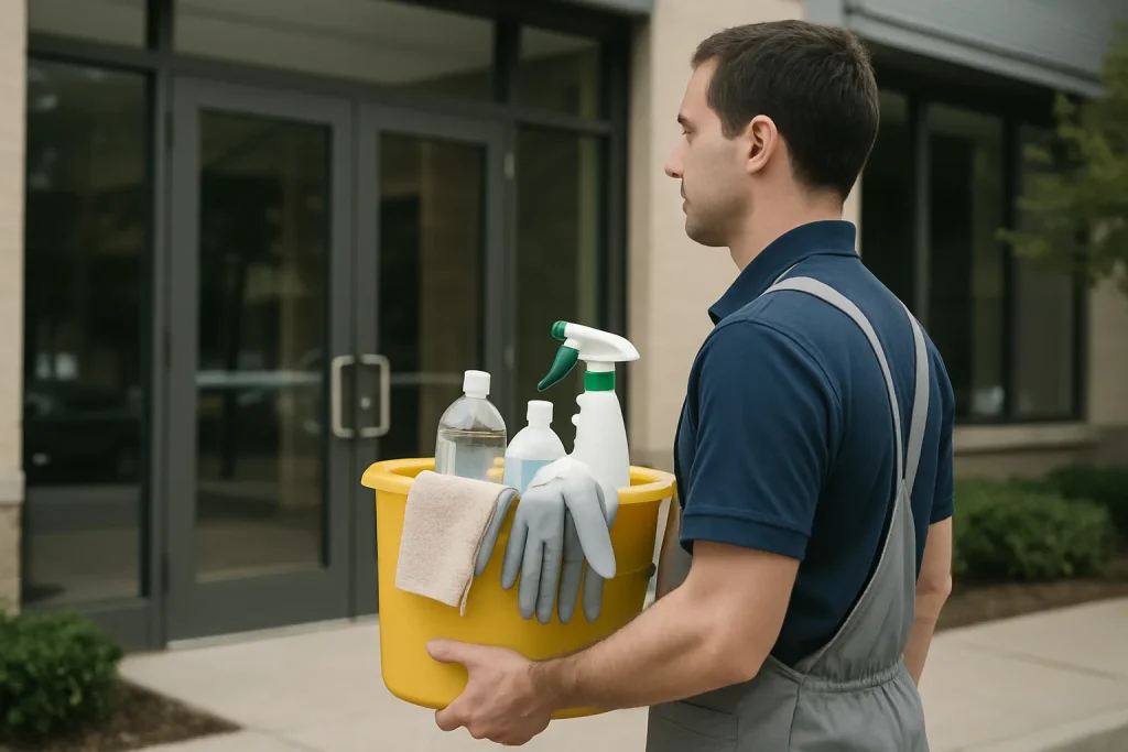Un homme en uniforme de nettoyage utilise des produits écologiques dans un bureau à Saint-André-les-Vergers.