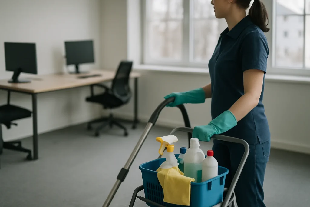 Équipe de nettoyage dans un bureau à La Chapelle-Saint-Luc utilisant des produits écologiques.