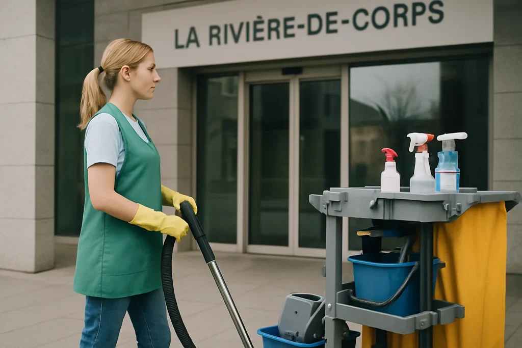Équipe de nettoyage à La Rivière-de-Corps dans un appartement, utilisant des produits de nettoyage.