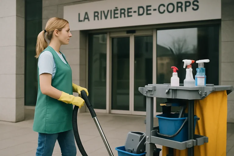 Équipe de nettoyage à La Rivière-de-Corps dans un appartement, utilisant des produits de nettoyage.