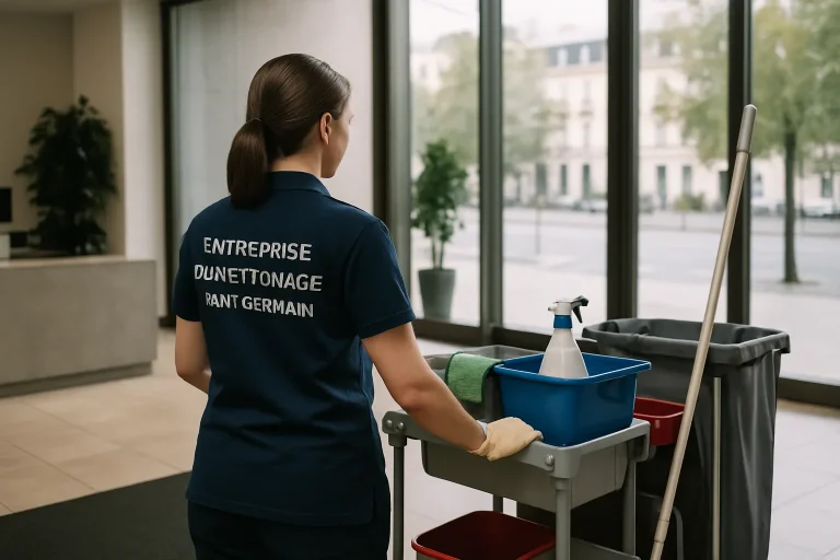 Équipe de nettoyage effectuant des tâches de nettoyage dans un bureau à Saint-Germain.