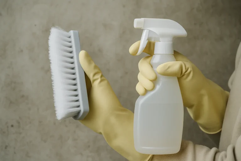 Mains gantées nettoyant une surface sale avec une brosse et un désinfectant