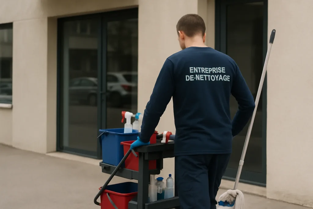 Équipe de nettoyage professionnelle nettoyant un appartement à Troyes avec équipements modernes.
