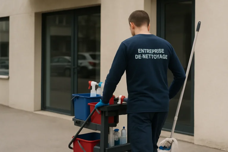 Équipe de nettoyage professionnelle nettoyant un appartement à Troyes avec équipements modernes.