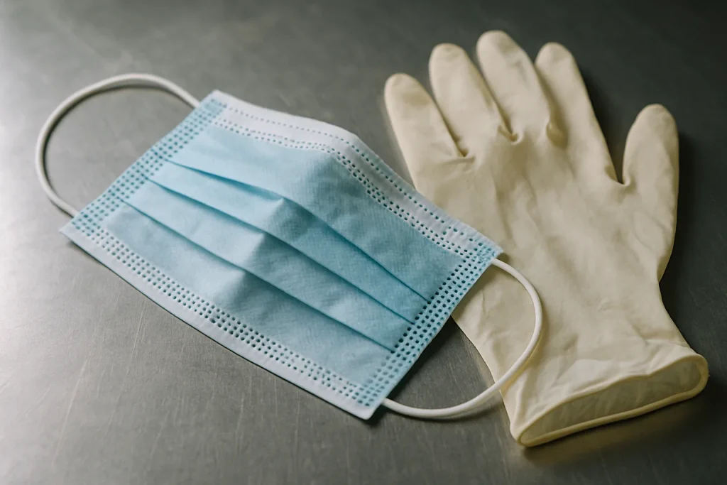 Masque de protection et gants sur une surface métallique, éclairage naturel