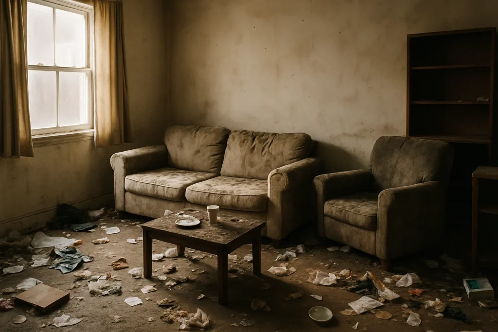 Salon insalubre avec déchets et meubles délabrés, éclairage doux.
