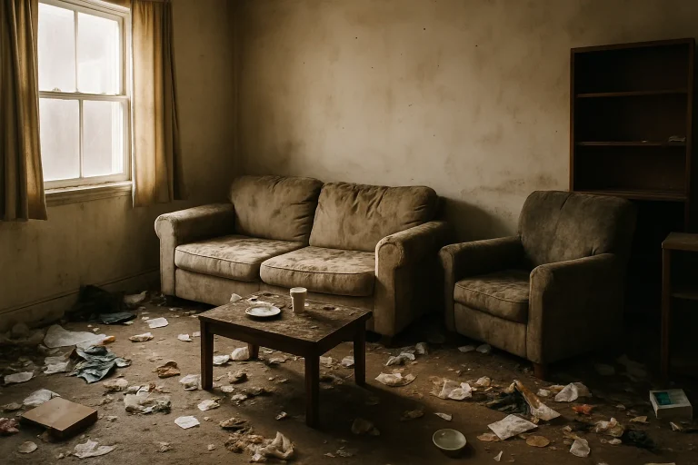 Salon insalubre avec déchets et meubles délabrés, éclairage doux.