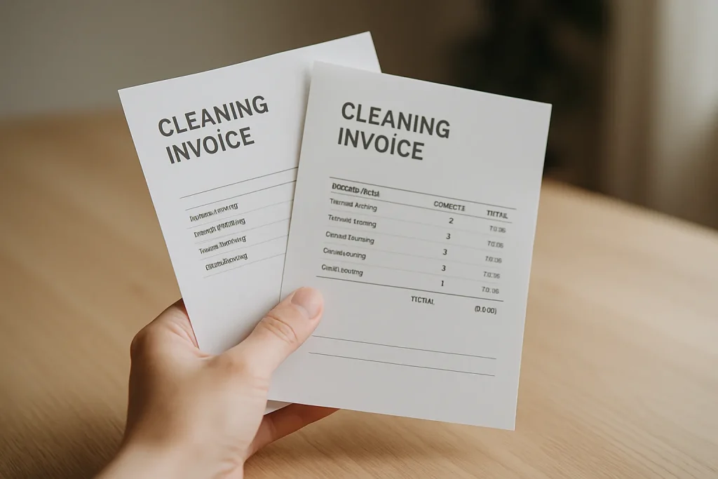 Main tenant deux devis de nettoyage sur une table en bois, arrière-plan flou