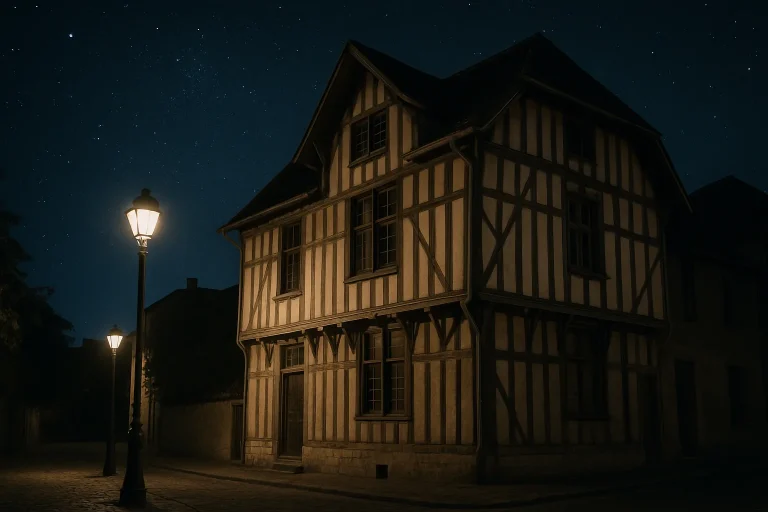 Bâtiment ancien à Troyes éclairé la nuit, lampadaires de rue et ciel étoilé.