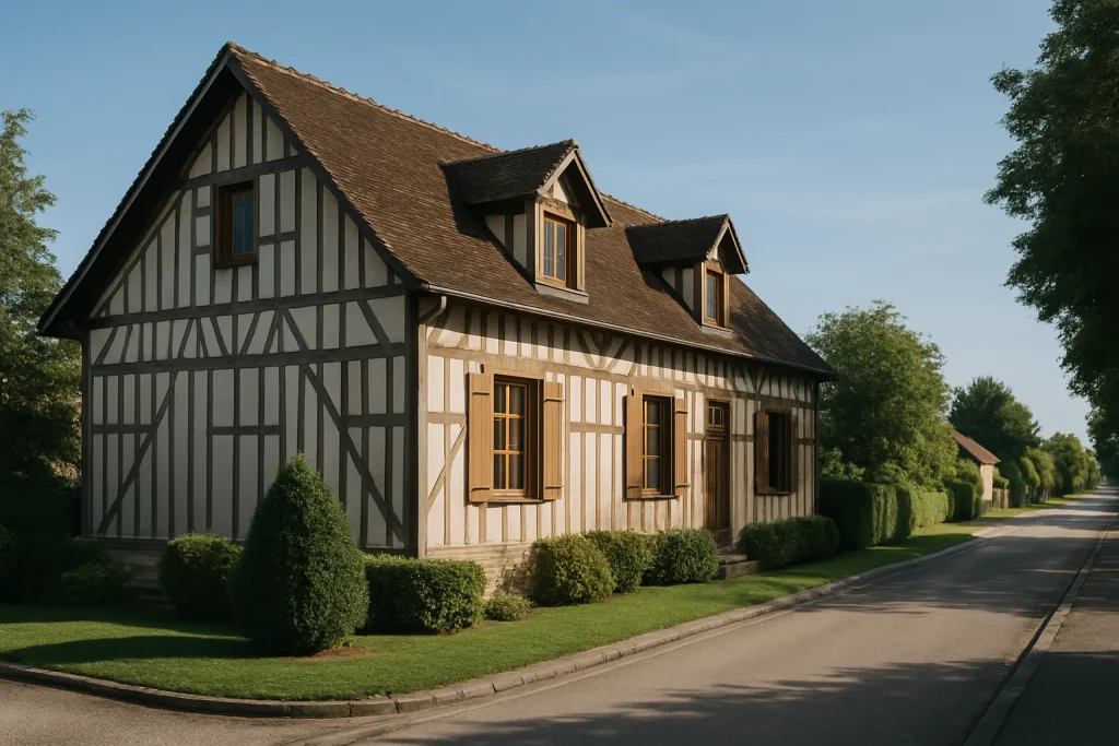 Vue extérieure d'une maison typique dans l'Aube, jardin et ciel bleu