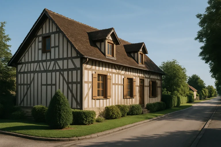 Vue extérieure d'une maison typique dans l'Aube, jardin et ciel bleu
