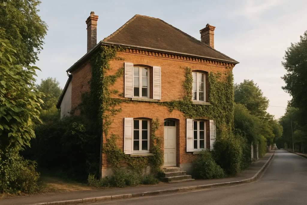 Façade d'une maison à Nogent-sur-Seine avec rue calme et végétation