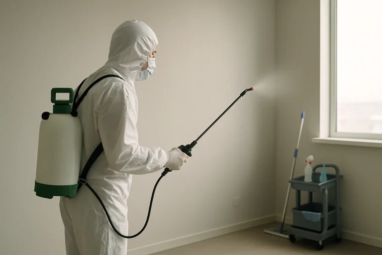 Agent de nettoyage utilisant un pulvérisateur dans une pièce vide pour neutraliser les odeurs.