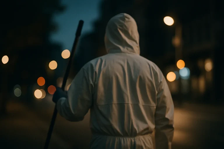 Silhouette floue d'un agent de nettoyage de dos en intervention nocturne à Troyes.