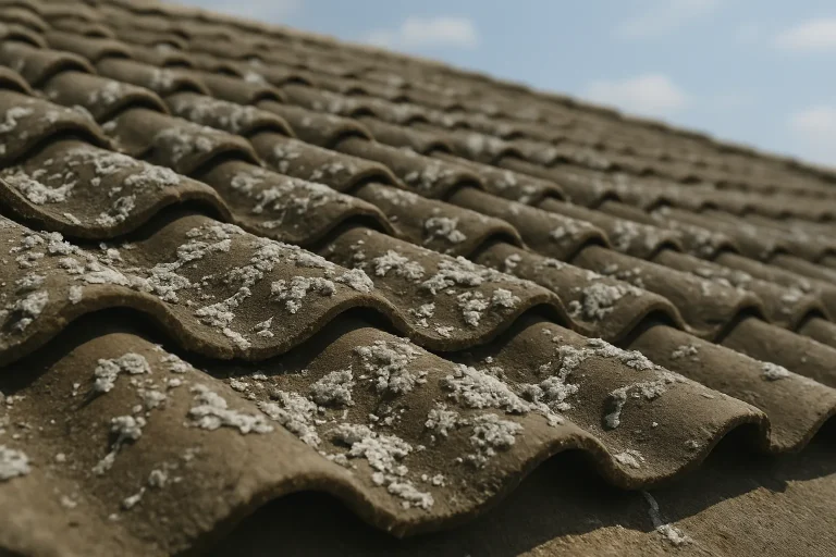 Gros plan d'un toit couvert de fientes de pigeon sous la lumière naturelle.