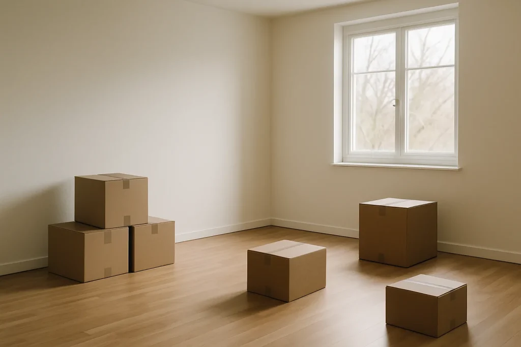 Une pièce vide avec des cartons et parquet en bois, illuminée par la lumière naturelle.