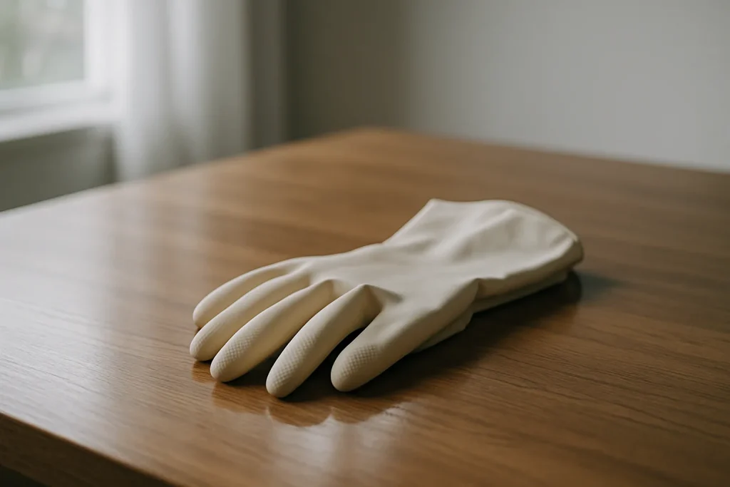 Gants de nettoyage sur une table en bois, lumière naturelle douce.