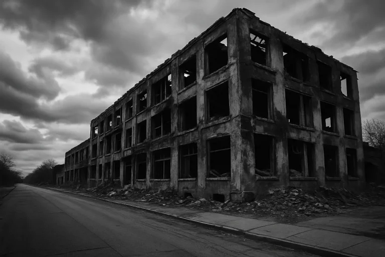 Bâtiment endommagé après sinistre dans l'Aube, ciel nuageux en arrière-plan.