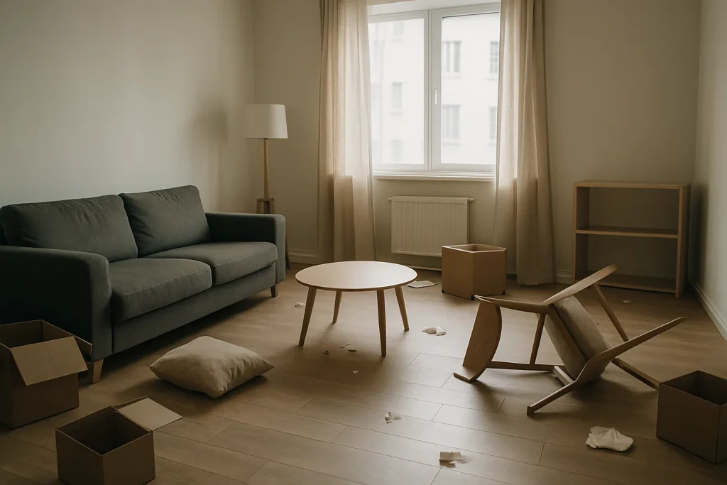 Appartement en désordre avec meubles renversés, lumière douce entrant par la fenêtre
