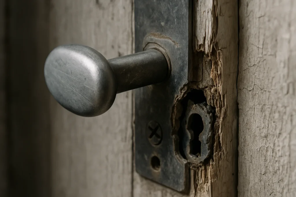 Gros plan d'une serrure de porte usée, éclairée naturellement, indiquant un squat