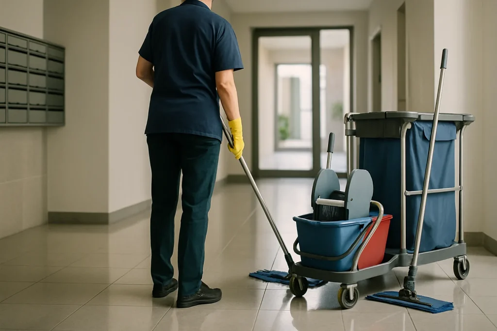 Agent de nettoyage avec équipement dans un hall de copropriété à Saint-André-les-Vergers.