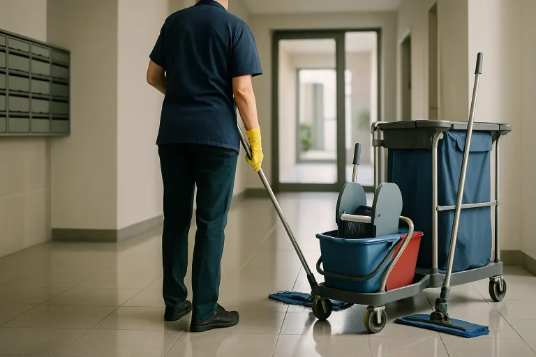 Agent de nettoyage avec équipement dans un hall de copropriété à Saint-André-les-Vergers.