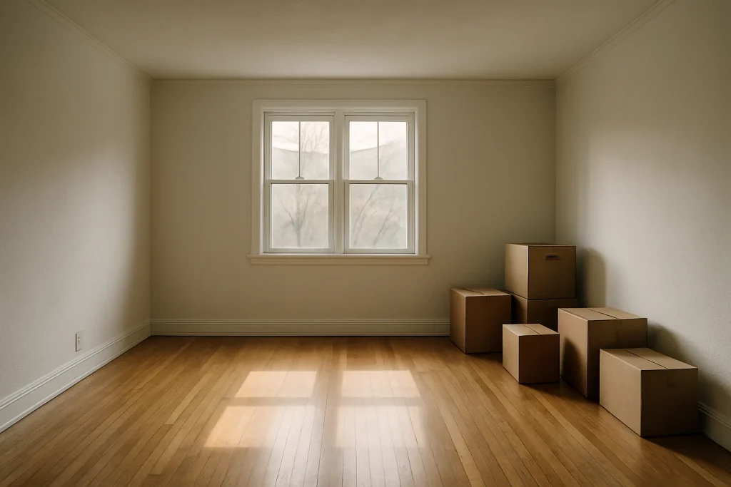Salon vidé avec parquet, murs blancs et quelques cartons restants, lumière douce.