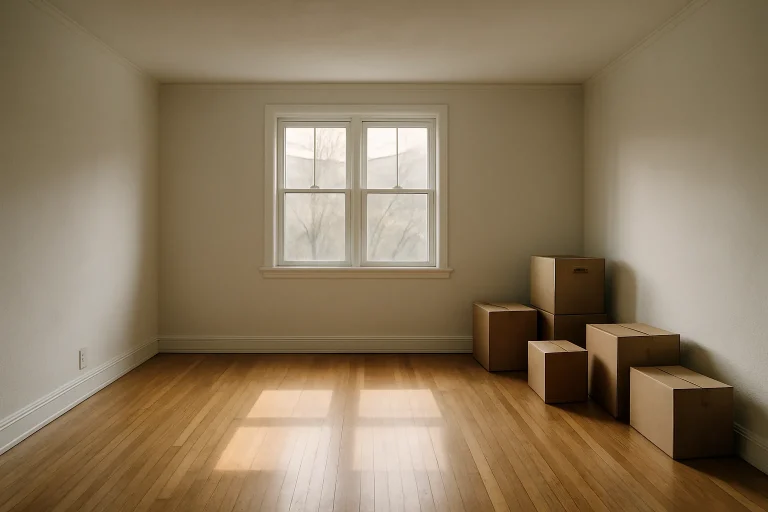 Salon vidé avec parquet, murs blancs et quelques cartons restants, lumière douce.