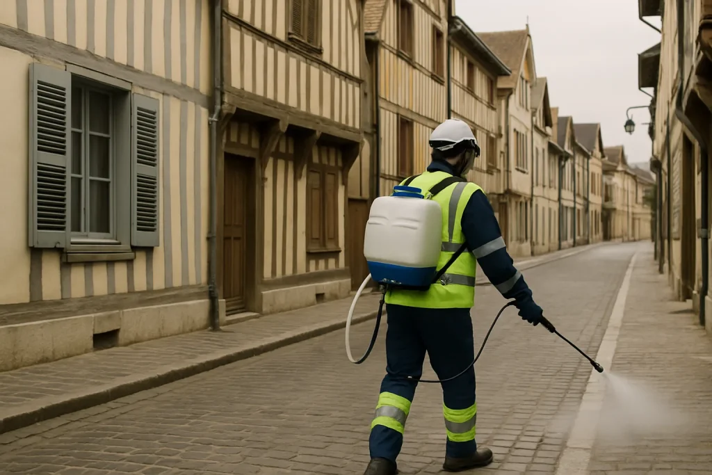 Agent de nettoyage désinfectant une rue à Troyes après infestation de rats, lumière du jour.