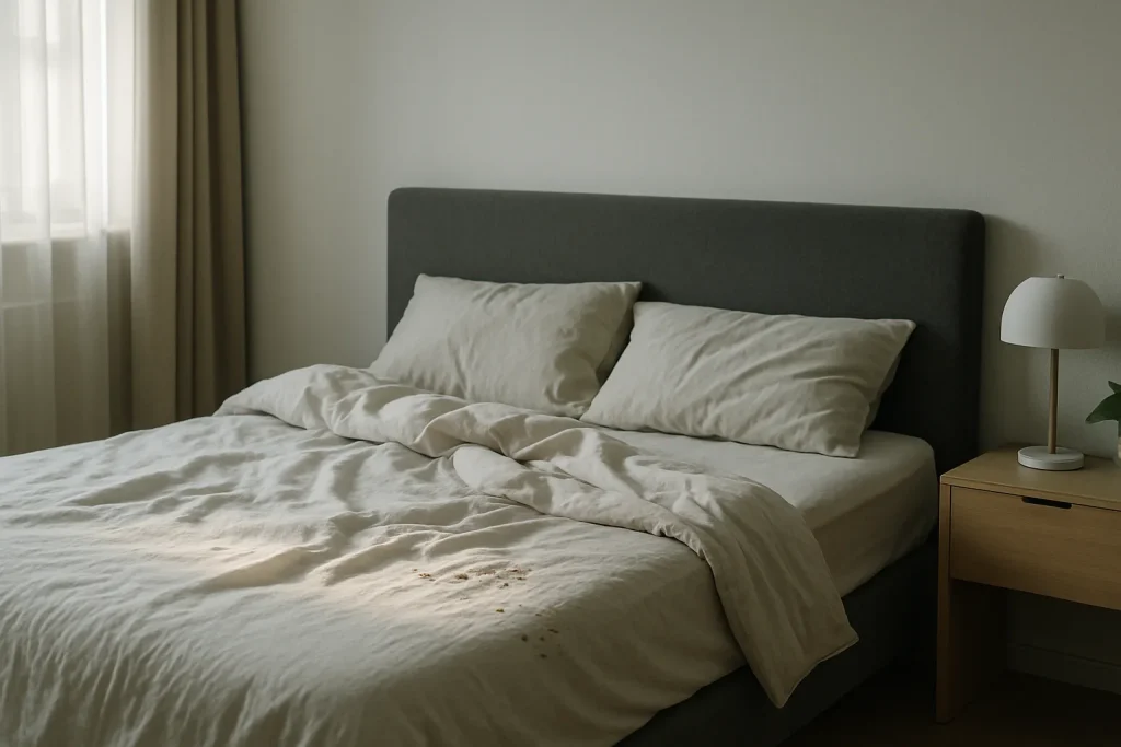 Chambre à coucher avec lit défait et traces de punaises de lit, lumière douce.