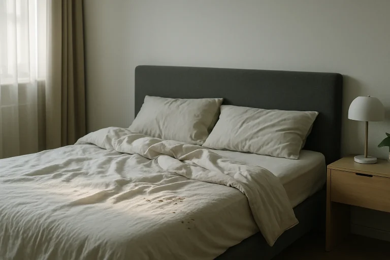 Chambre à coucher avec lit défait et traces de punaises de lit, lumière douce.