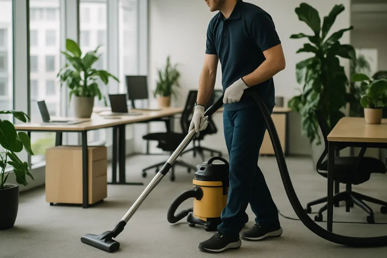 Un agent de nettoyage passe l'aspirateur dans un bureau moderne à La Chapelle-Saint-Luc.