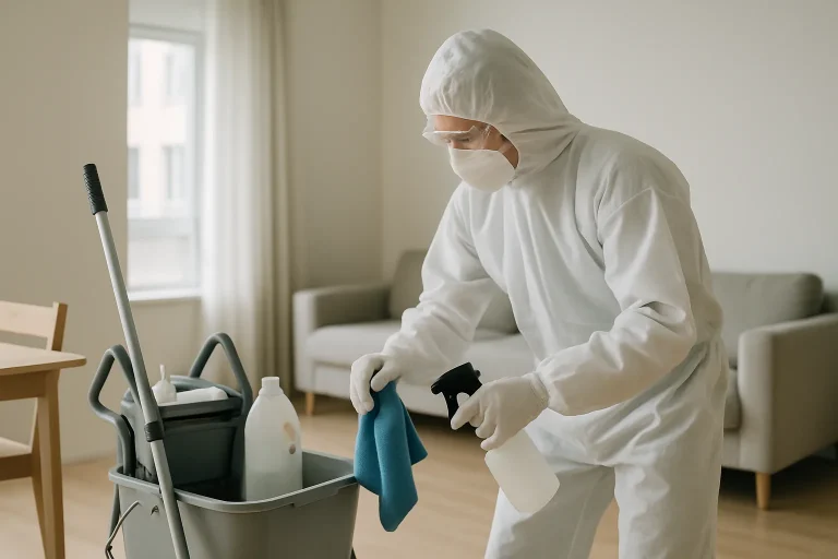 Agent de nettoyage en tenue de protection effectuant une tâche de nettoyage après décès dans un appartement.