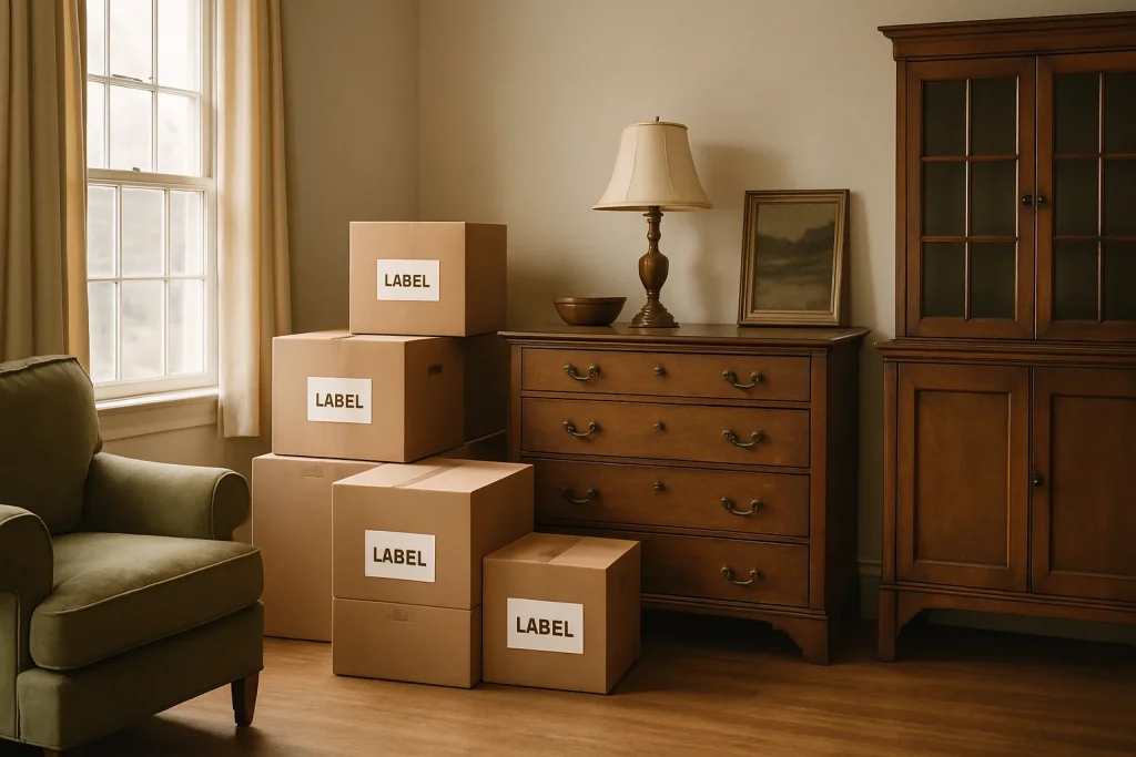 Intérieur d'une maison avec meubles anciens et cartons étiquetés, lumière douce.