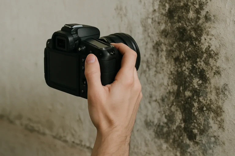 Main photographiant un mur moisi pour documenter l'insalubrité