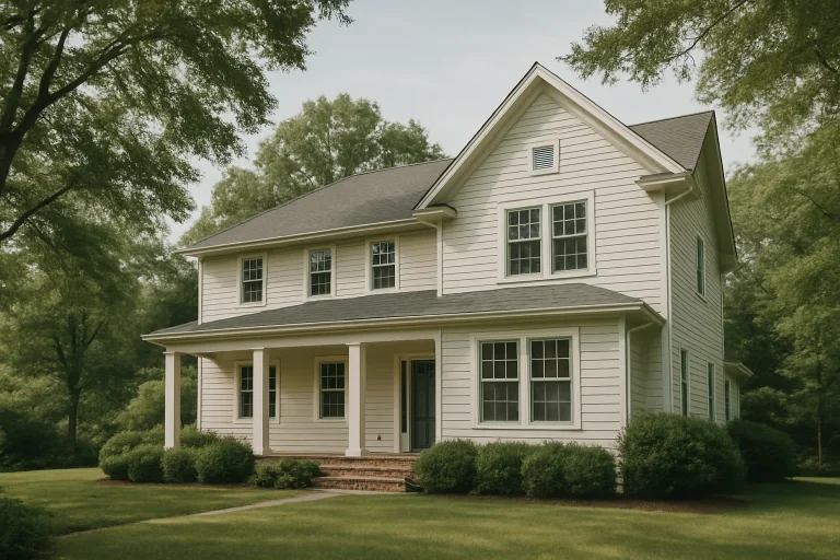 Grande maison familiale entourée d'arbres, éclairée par la lumière du jour