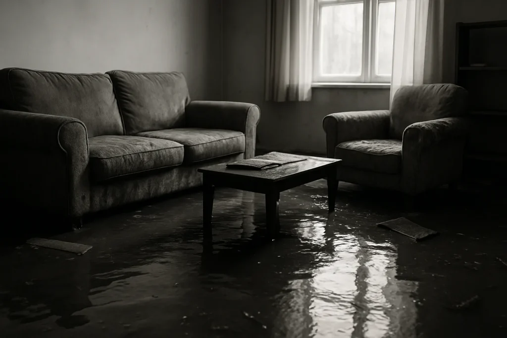 Salon inondé avec des meubles endommagés, lumière douce à travers la fenêtre.