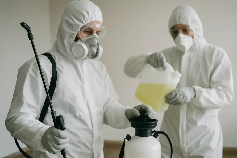 Agents en tenue de protection effectuant une désinfection après infestation de rats, outils en main.