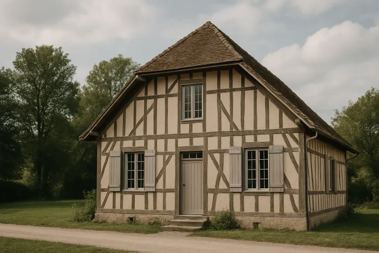 Maison dans l'Aube avec arbres et ciel nuageux en arrière-plan, vue extérieure