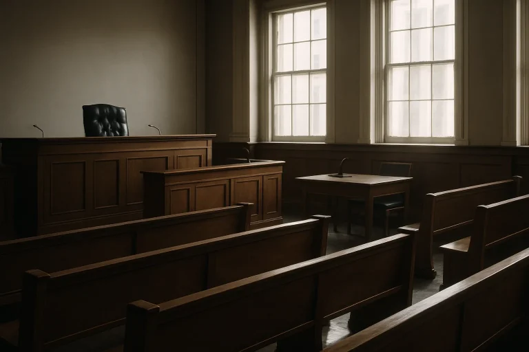 Salle d'audience vide avec lumière douce entrant par les fenêtres, bancs en bois bien alignés
