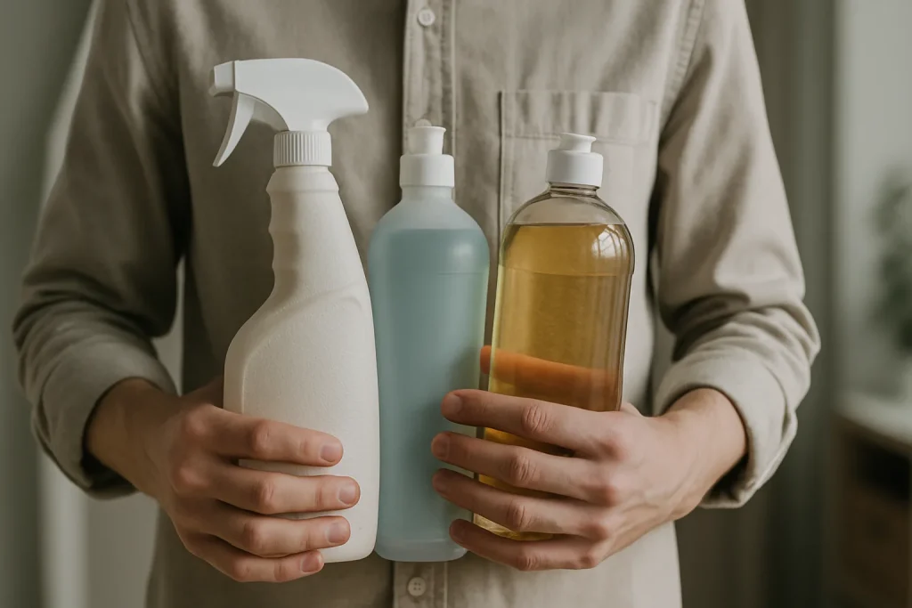 Mains avec produits de nettoyage, ambiance professionnelle, lumière naturelle.