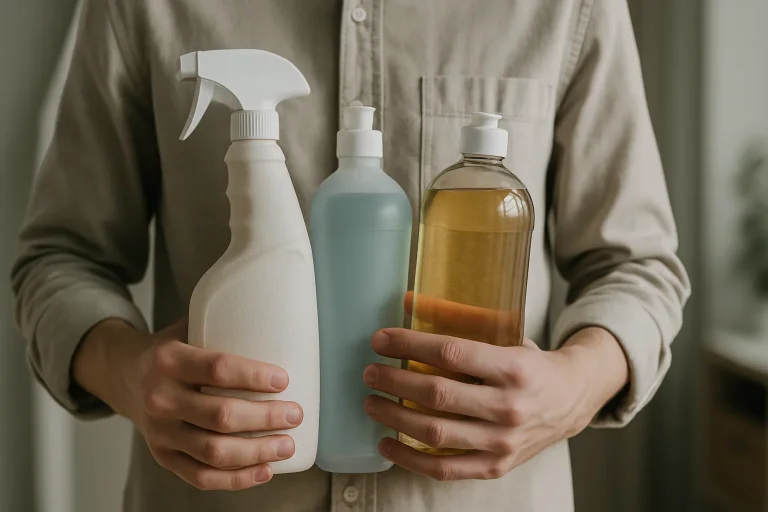 Mains avec produits de nettoyage, ambiance professionnelle, lumière naturelle.
