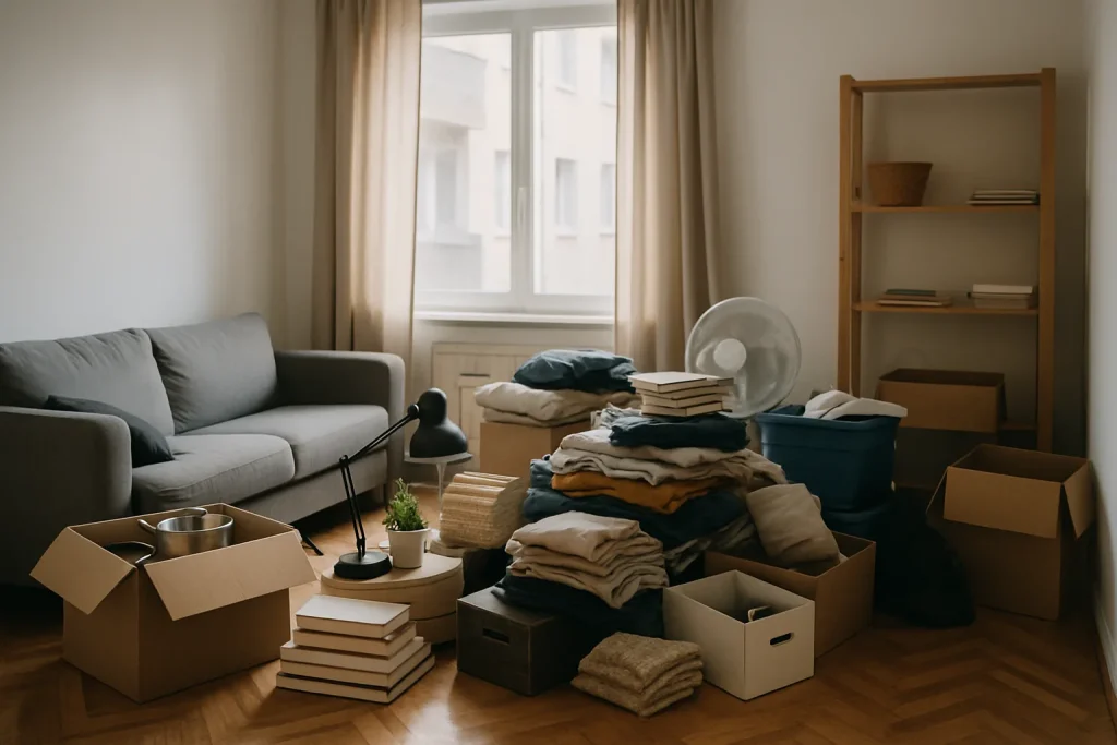 Vue d'un appartement encombré avec piles d'objets, lumière douce filtrant par une fenêtre