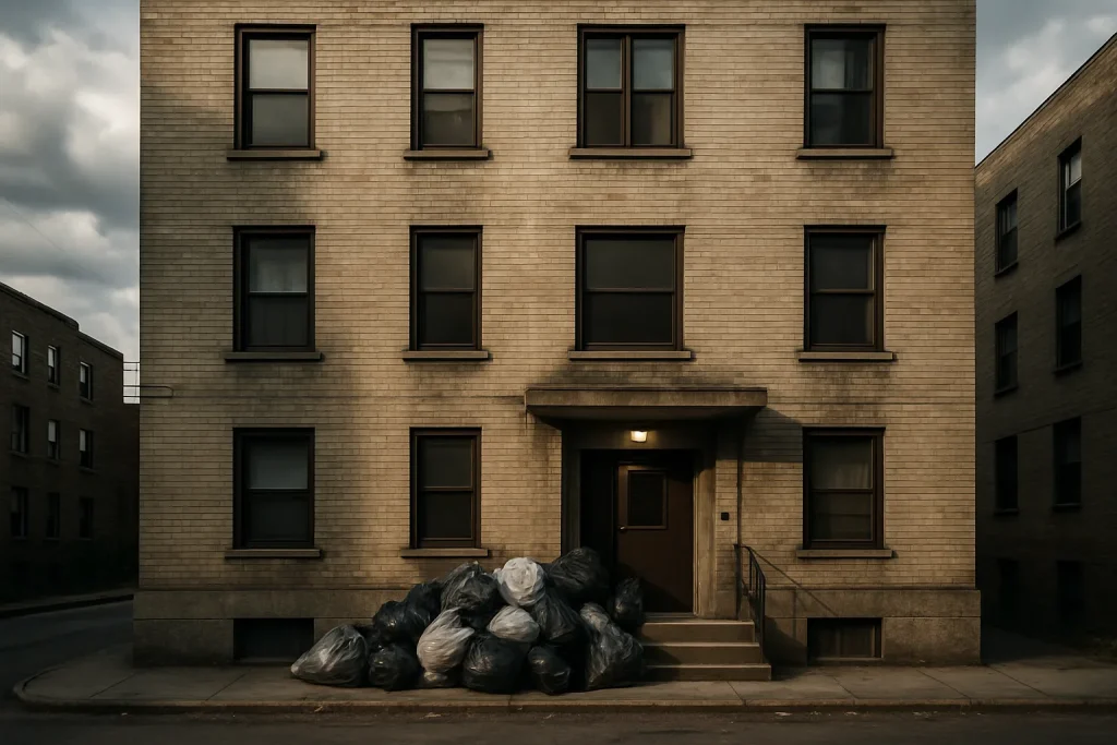 Entrée d'immeuble urbaine obstruée par des sacs de déchets, lumière de fin d'après-midi.