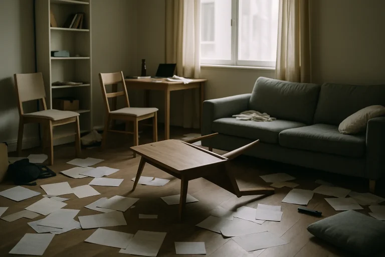 Appartement en désordre avec meubles renversés et papiers éparpillés.