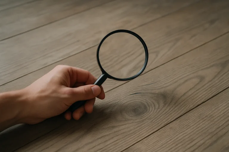 Main tenant une loupe au-dessus d'un plancher en bois, détails visibles.