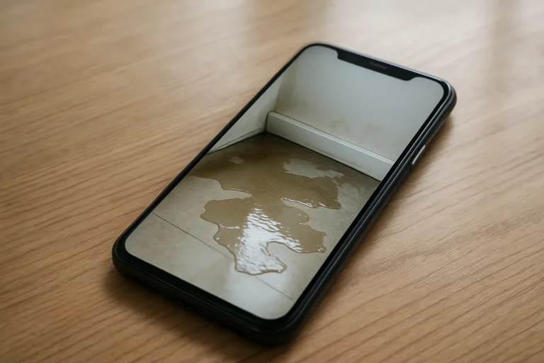 Smartphone affichant une photo de dégât des eaux sur une table en bois, lumière naturelle.
