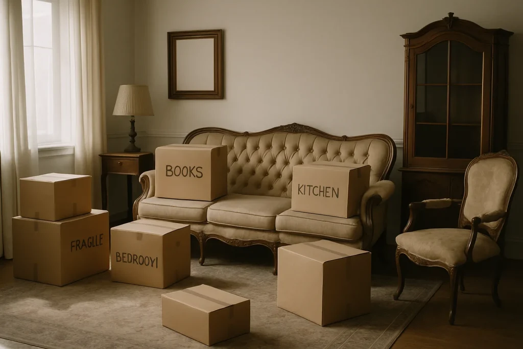 Salon avec meubles anciens et cartons, lumière douce, ambiance organisé
