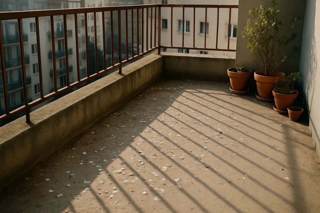 Balcon couvert de fientes de pigeons, plantes en pot, immeubles en arrière-plan.