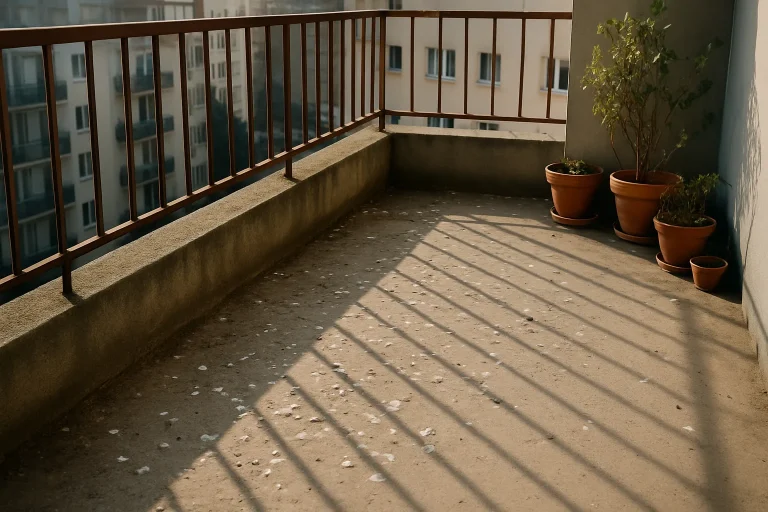 Balcon couvert de fientes de pigeons, plantes en pot, immeubles en arrière-plan.